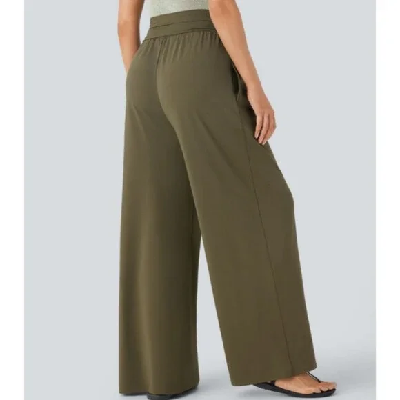 Halara Olive Super High Waist Flowy Wide Leg Pull On Side Pocket Pants Size XS - Picture 10 of 11
